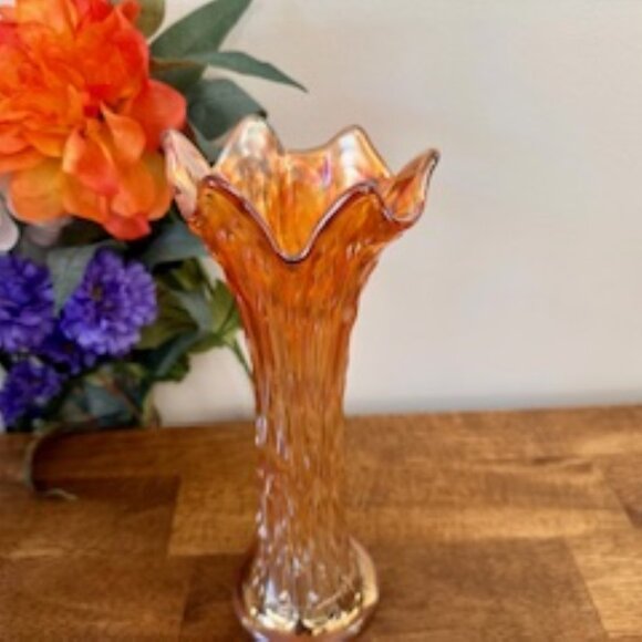 Vintage Fenton April Showers Marigold Carnival Glass Vase Ruffled Edge Art Glass - Picture 3 of 7